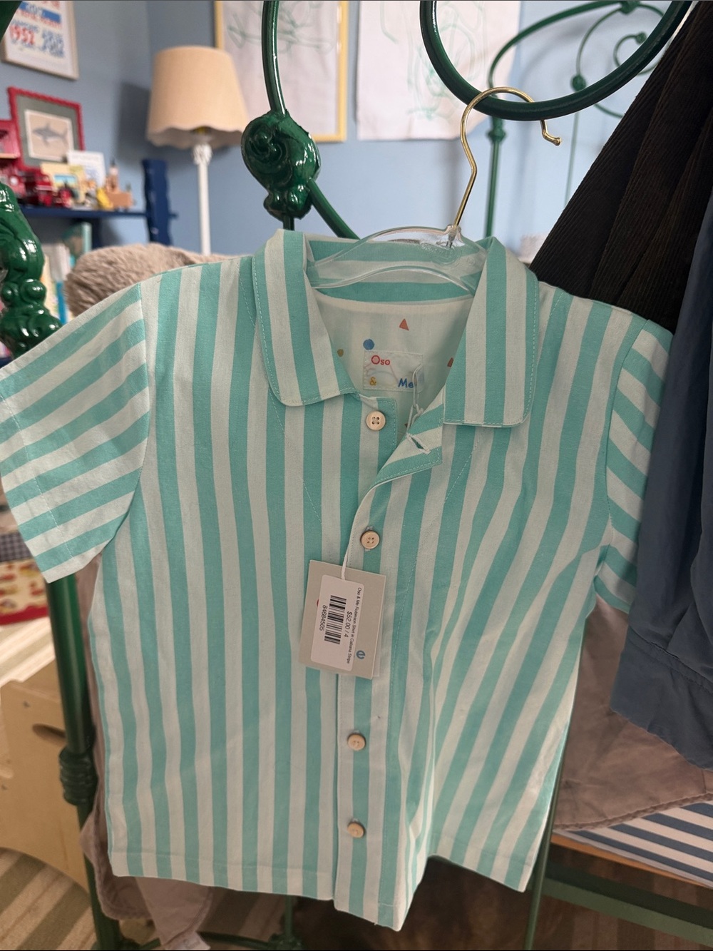 NWT Oso & Me - Cabana  Short-Sleeve Stripe Button-Up Shirt - Mint/White